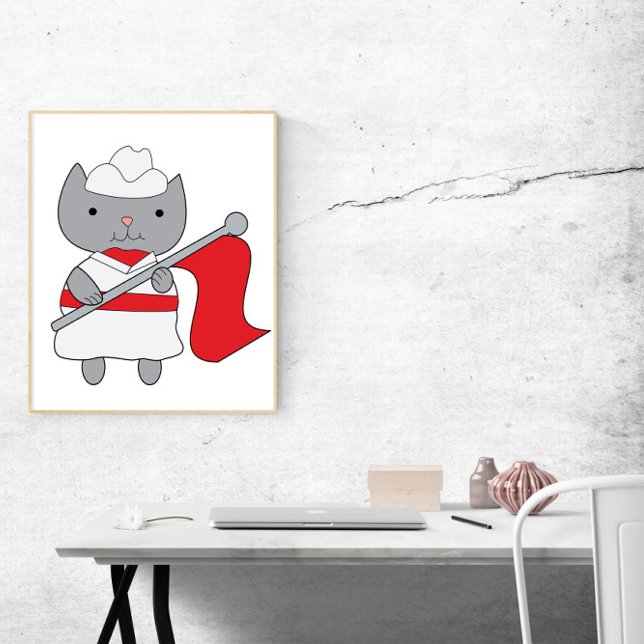 Poster Cor Guarda Vermelho Branco (This poster features a cute gray cat wearing a red and white color guard uniform.)