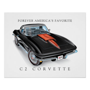 Póster Cor Preta da Ilustração C2 do Corvette Elegante
