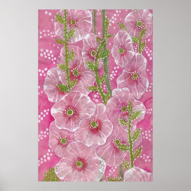 Poster Cor Rosa Hollyhock Mallow Malva Flor Pintura Flora (Frente)