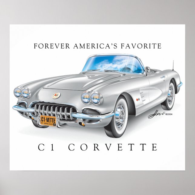 Poster Cor Silver de Ilustração Elegante Corvette C1 (Frente)