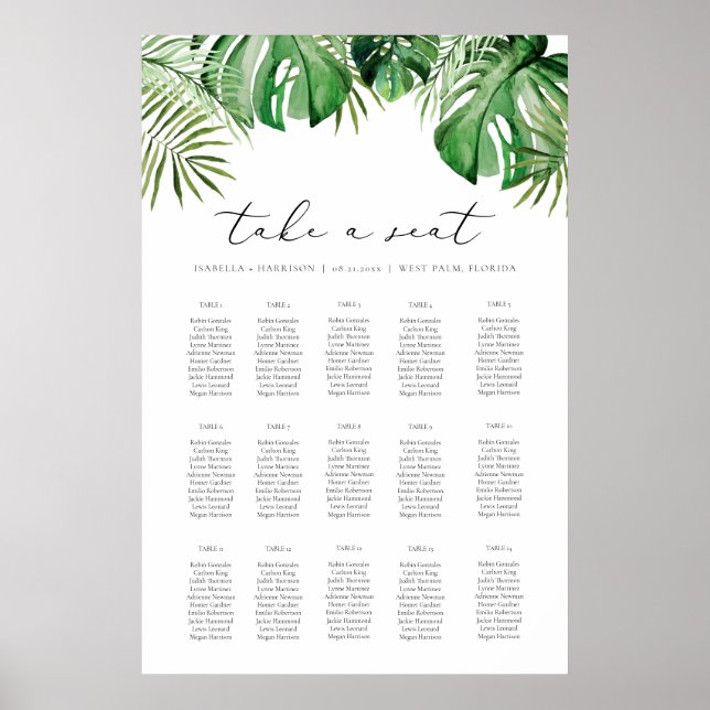 Poster CORA Aquarela Tropical Palm Folm Seating Chart (Frente)