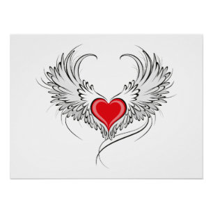 Póster Coração Anjo Vermelho com asas