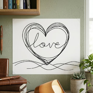 Poster Coração com "Amor" em Arte em Linha Contínua