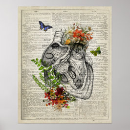 Poster Coração com Flores Anatomia Dicionário Arte