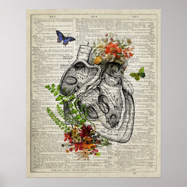 Poster Coração com Flores Anatomia Dicionário Arte (Frente)