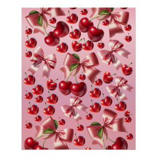 Póster Coração Coquete Padrão de Laço Cereja