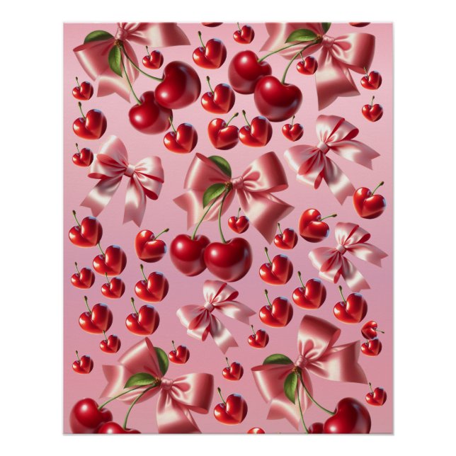 Póster Coração Coquete Padrão de Laço Cereja (Frente)