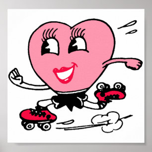 Póster Coração cor-de-rosa em skates de rolo