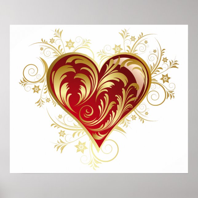 Poster Coração De Amor Com Filgre Vermelho E Dourado (Frente)