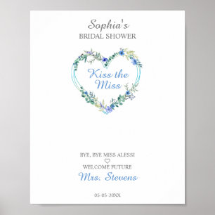 Poster Coração de Aquarela Floral com Folhas em Azul