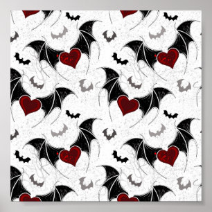 Poster Coração de Halloween com asas de morcego preto