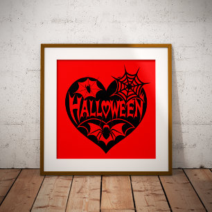 Poster Coração de Halloween, Forma de Coração Preto, Teia