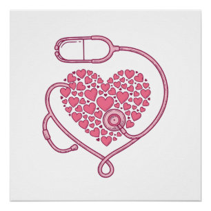 Póster Coração Estetoscópio Amor Médico Desenho de Camisa