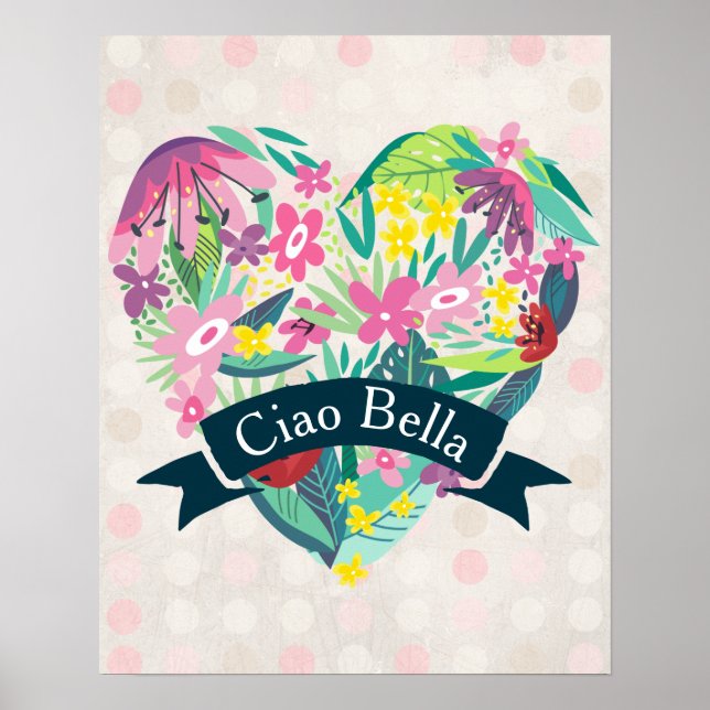 Poster Coração Floral Cuta Ciao Bella em Círculos Rosa (Frente)