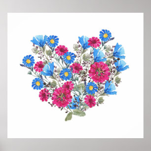 Poster Coração floral de aquarelas, flores silvestres bri