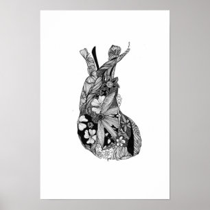 Póster Coração floral preto & branco