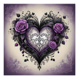Póster Coração gótico, Rosas e Filigree 🖤 Vintage Design