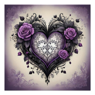 Póster Coração gótico, Rosas e Filigree 🖤 Vintage Design