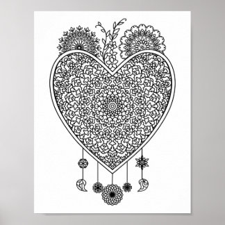 Poster Coração, Mandala Adulto, Colorir Dodó Esta