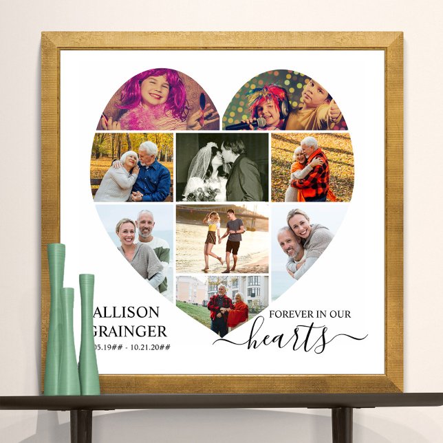 Poster Coração Moldou 9 Fotografias para sempre em nossos (Funeral memorial poster to order professionally printed or as a printable digital download)