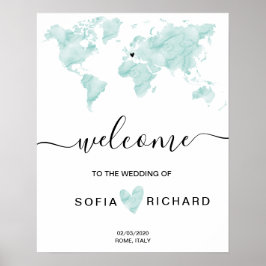 Poster Coração Removível de Aquarela do Mapa Mundial de C