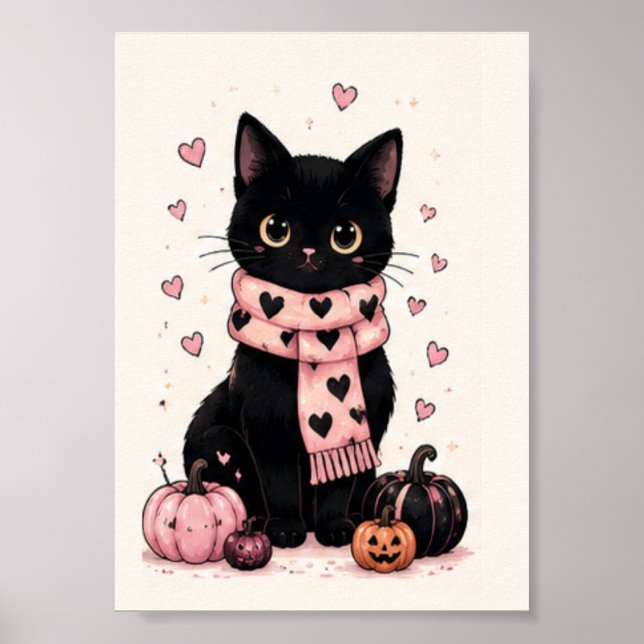 Poster Coração Rosa Aconchegante Cachecol Gato Preto (Frente)