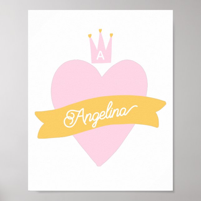 Poster Coração Rosa Coroa Nome Monograma Menina Princesa  (Frente)