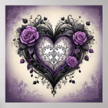 Coração Roxo Preto Ornamentado Estilo Gótico Vinta