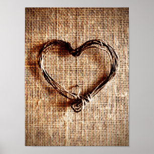 Póster Coração Rustic Country Twine no Burlap Impressã