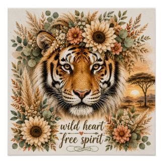 Póster Coração Selvagem Espírito Livre Arte Floral Boho T
