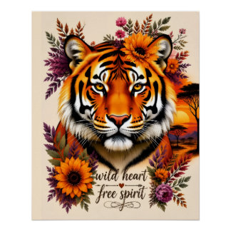 Póster Coração Selvagem Espírito Livre Boho Floral TigerA