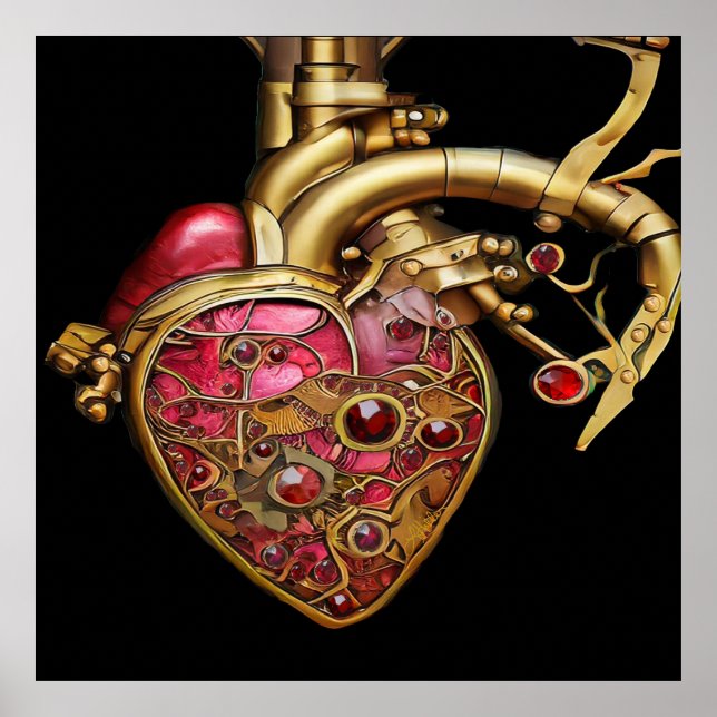 Poster Coração Steampunk Rubis e Engrenagens Anatômicas (Frente)