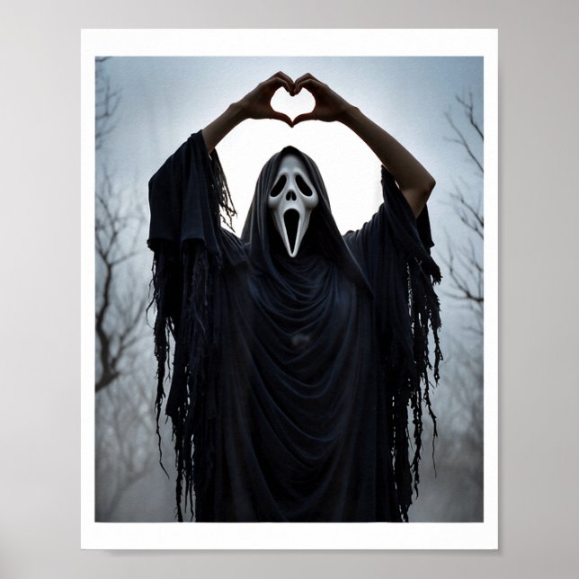 Poster Coração Vermelho Fantasma Mãos E Rosto Halloween D (Frente)