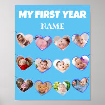 Corações Azuis Bonitos Meu Primeiro Ano 12 Colagem