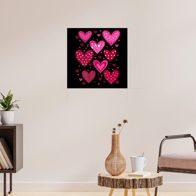 Poster Corações com Padrões Rosa e Vermelho (Sala de Estar 3)