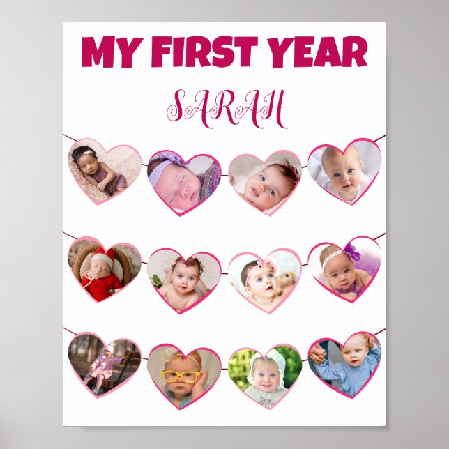 Poster Corações Cor-de-Rosa Bonitos Meu Primeiro Ano Cola (Frente)