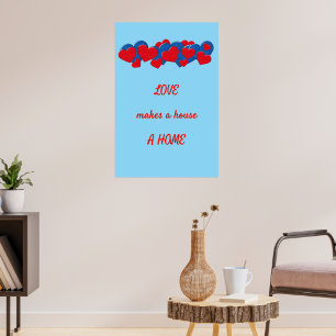 Poster Corações de Amor Vermelho e Azul sobre fundo azul