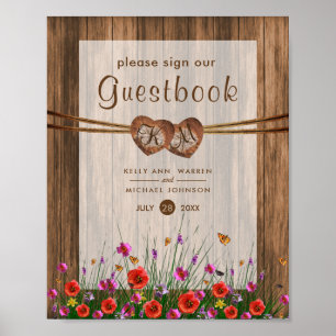 Póster Corações de Madeira Monogramados com Flores Silves