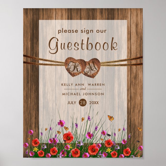 Póster Corações de Madeira Monogramados com Flores Silves (Frente)