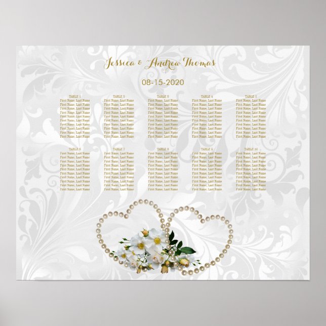 Poster Corações de Pérola e Flores Casamento Damask (Frente)