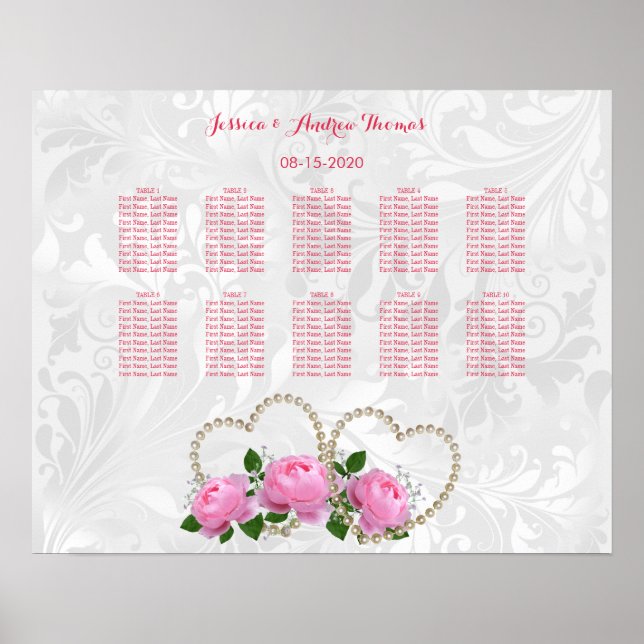 Poster Corações de Pérola & Rosas Casamento Damask (Frente)