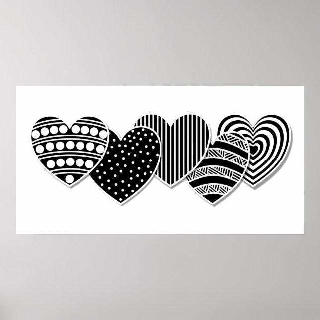 Poster Corações Decorativos Preto e Branco (Frente)