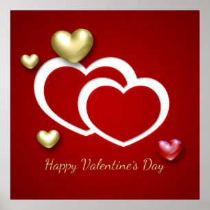 Póster Corações do Namorados Dourado Vermelho Moderno