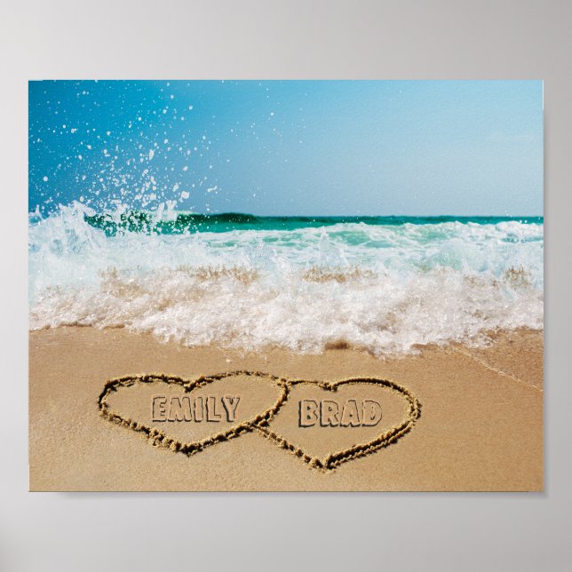 Poster Corações e Nomes na Areia Imagem Personalizada  (Frente)