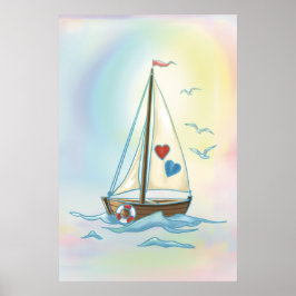 Poster Corações Navegando – Barco Minimalista com Velas d