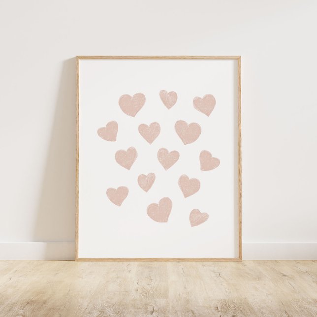 Poster Corações Pequenos Cor-de-Rosa Esbranquiçada (Chalky brush style small tossed hearts in blush pink)