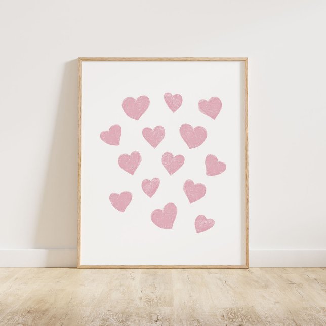 Poster Corações Pequenos Rosa (Chalky brush style small tossed hearts in pink)