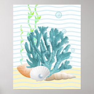 Poster Coral Azul, Capas de Costura e Pérolas Azuis