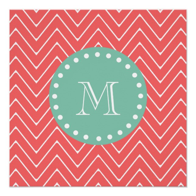 Póster Coral Chevron Pattern | Monograma Verde Mint (Frente)