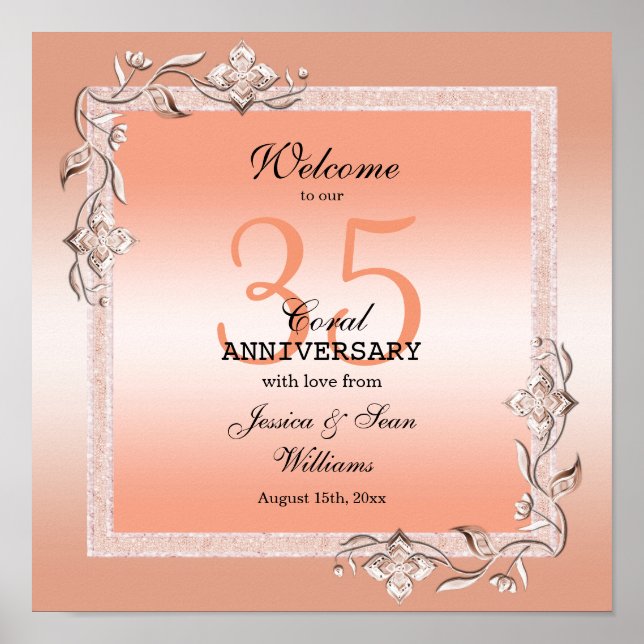 Poster Coral Gem & Glitter 35º Aniversário de Casamento (Frente)